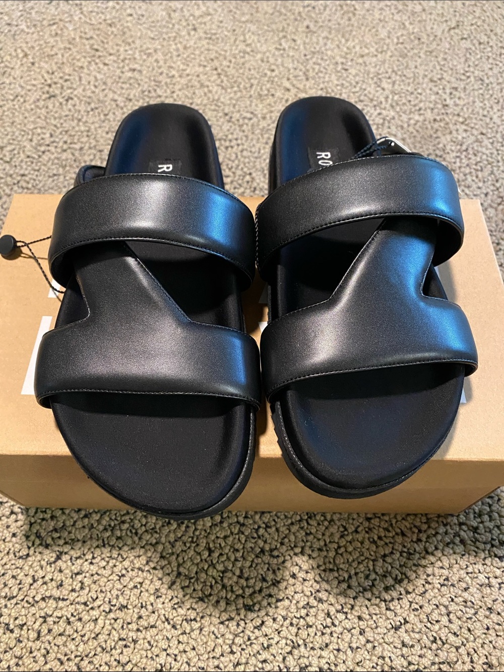 ROAM Black Leather Double-Strap Slide Sandals